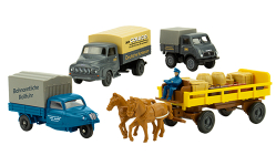 Wiking PMS 252853 - H0 - Fahrzeugset Pferdewagen, Goli Dreirad, Unimog U401 und Ford 2500